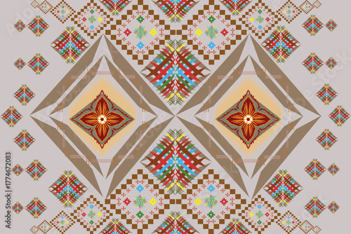 thai art pattern, An elegant geometric design featuring diamond-shaped patterns in warm earth tones accented with intricate multicolor details. The balanced symmetry and soft contrast create a refined