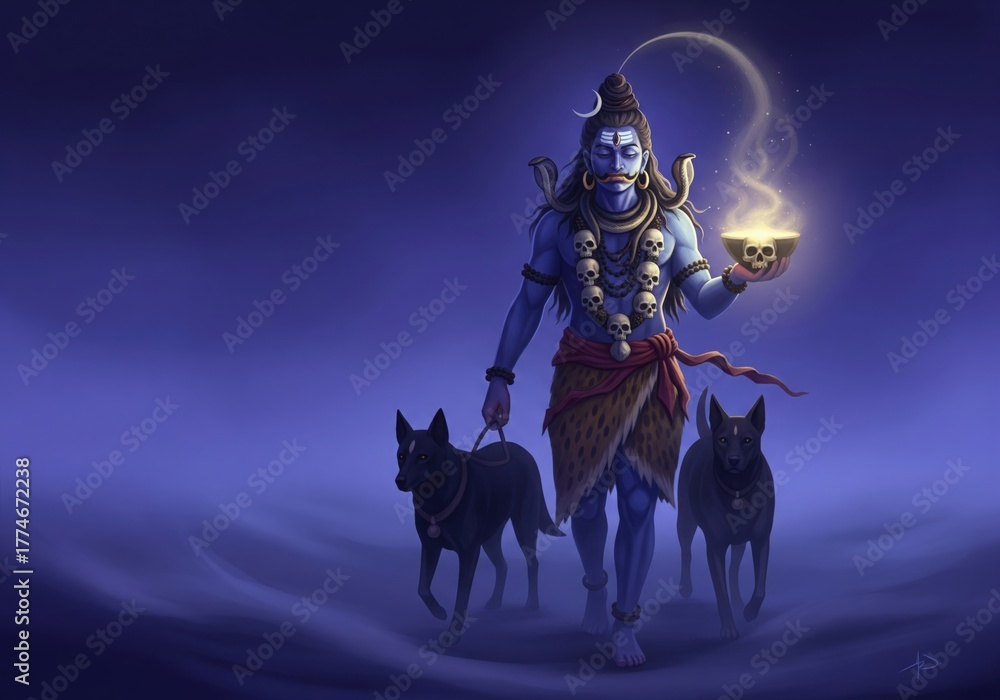 Naklejka premium Sacred Walk of Kalabhairava. Divine Night Mist Illustration.