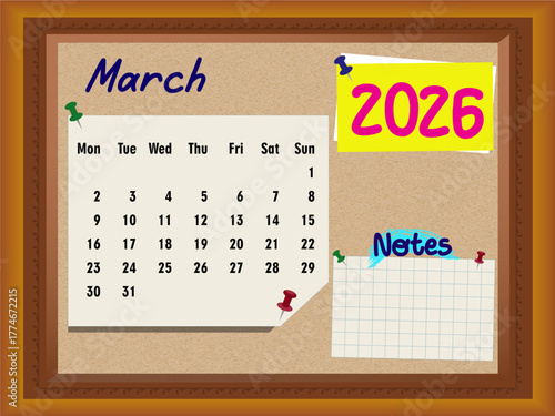 March 2026 Calendar on Cork Board with Notes, Sunday Week Start, Push Pins