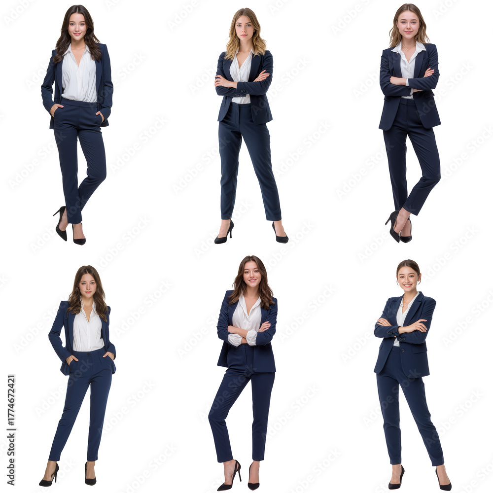 Obraz premium A compilation of confident young businesswomen in stylish dark suits, embodying professional success and modern corporate elegance in various poses