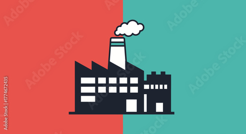 Industrial factory building with smoking chimney producing goods.