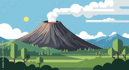 Majestic Volcano Erupting with Smoke and Ash.