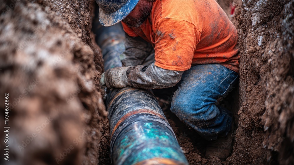 Fototapeta premium Worker in orange shirt and blue jeans carefully installs a pipeline in a trench while wearing a hard hat on a construction site