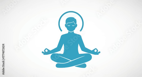 Meditating person silhouette with halo in lotus position.