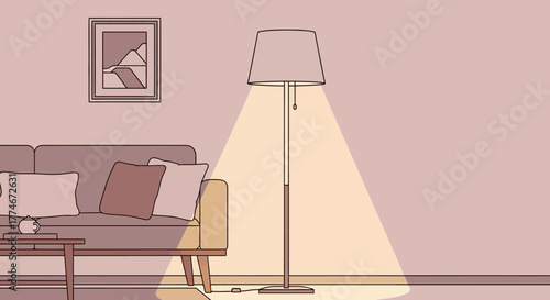 Minimalist Floor Lamp Illuminating a Cozy Living Room Corner.