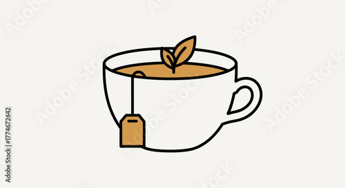 Minimalist illustration of a warm cup of tea with a tea bag and a leaf.