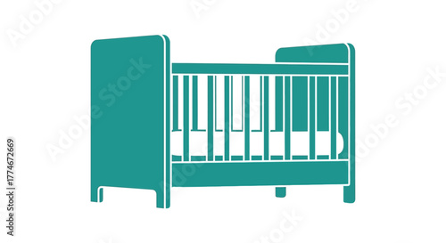 Minimalist Teal Baby Crib with White Mattress on White Background.