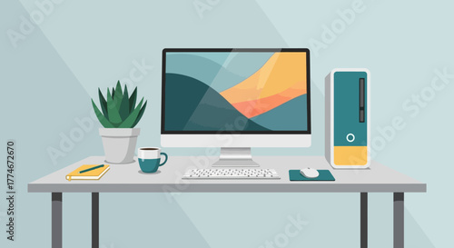 Modern desktop computer setup with plant and coffee cup.