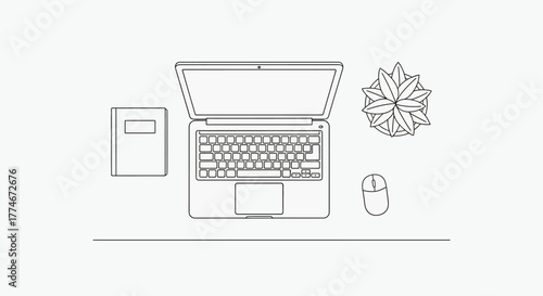 Minimalist Workspace with Laptop, Notebook, Mouse, and Plant.
