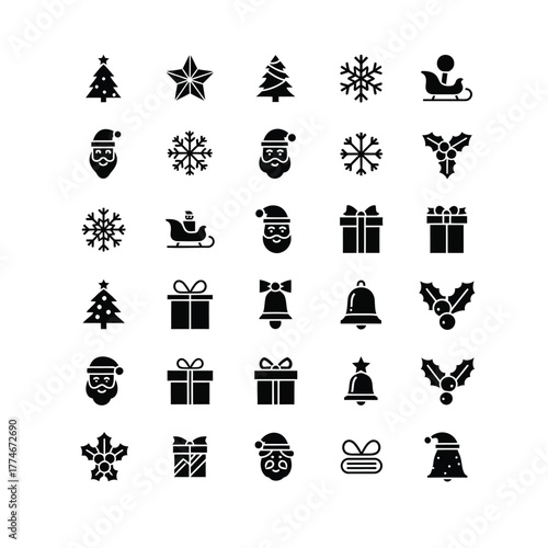 A collection of black Christmas-themed icons arranged in a grid, featuring Santa Claus, Christmas trees, snowflakes, gift boxes, sleighs, bells, and holly.