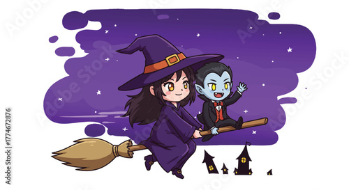 Cartoon illustration of a witch and a ghost flying on a broomstick against a purple background with a spooky and playful mood.