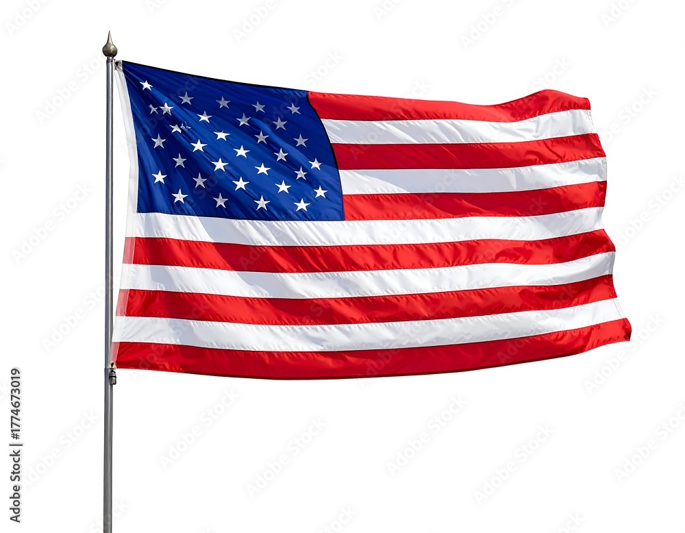 Fototapeta premium American flag waving on a silver pole isolated on white background under bright sky