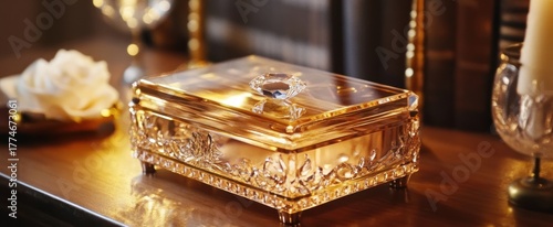Opulent Gilded Crystal Jewelry Box with Diamond Accent and Soft Bokeh Background