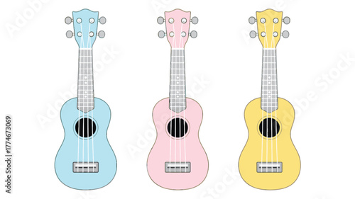 Three Colorful Ukuleles in Blue Pink and Yellow on White Background guitar musical instrument