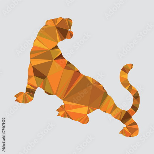 Geometric low poly tiger illustration in vibrant orange and brown polygonal abstract style, fierce wild animal vector art