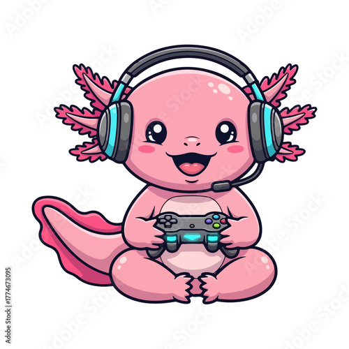 Cute Gamer Axolotl Wearing Headphones and Holding Game Controller Vector Illustration