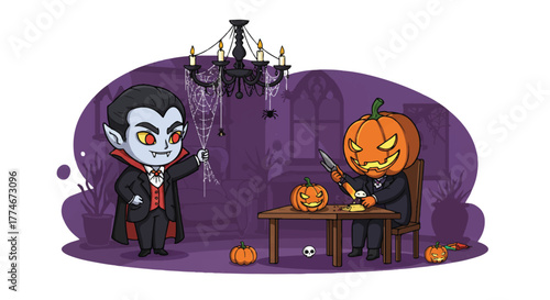 Two cartoon vampires carving jack-o'-lanterns in a spooky purple haunted house.