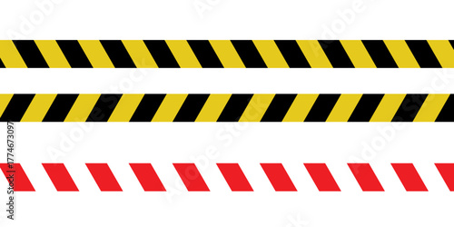 Warning yellow black red diagonal stripes line. Safety stripe warning caution hazard danger road vector sign symbol. Long danger ribbon. Vector illustration on white background.