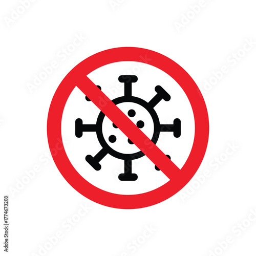 Red prohibition sign with a black virus icon symbolizing no virus, disinfection, health protection, hygiene, and safety awareness, ideal for medical, healthcare, or prevention-related illustrations.