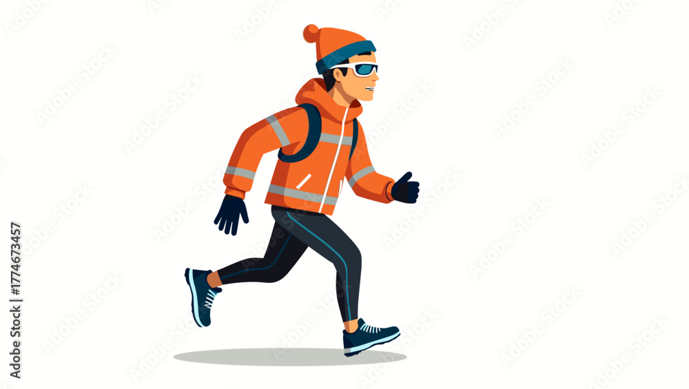 Obraz premium Male jogger in winter gear with red jacket and backpack running confidently on light background, concept of adventure and physical strength