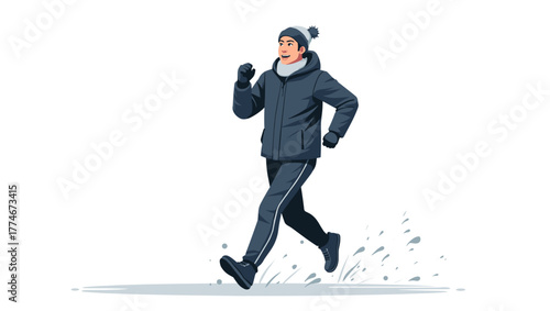 Female jogger in winter gear running on snowy surface in dark gray sportswear against white background, concept of healthy lifestyle in cold season