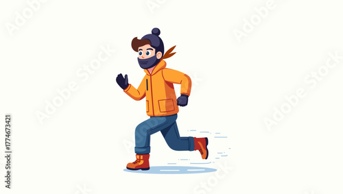Male jogger in winter gear wearing orange jacket and blue pants running on ice with joyful expression, concept of active winter recreation