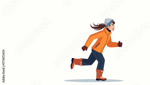Female jogger in winter gear wearing orange jacket and beanie running with determination on light snowy background, concept of strength and endurance