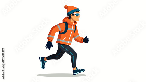 Male jogger in winter gear with red jacket and backpack running confidently on light background, concept of adventure and physical strength