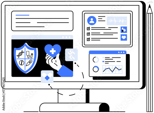 Computer displaying health insurance shield, heart care symbol, patient profile, and analytics charts. Ideal for healthcare, telemedicine, medical technology, insurance, patient care data analysis