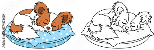 Adorable Cartoon Puppy Sleeping Peacefully on a Polka Dot Pillow - Cute Dog Napping Vector Illustration for Pet and Animal Themes