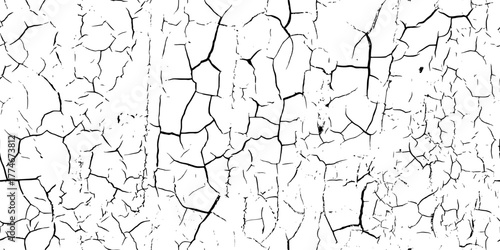 Black crackle texture as a seamless overlay pattern on white bg. Crackled cake glaze. Realistic kintsugi art bg. Old, dried, dirt or ground surface. Vector illustration.