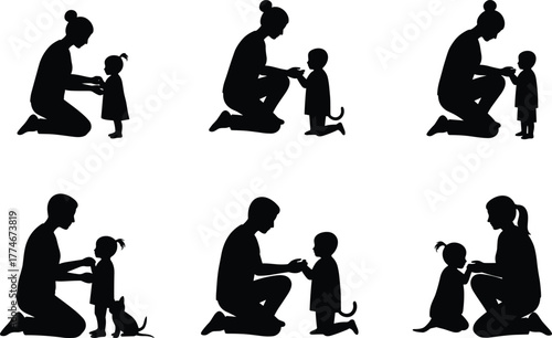 Silhouette illustration of parent and child interaction, family bonding, teaching moments, nurturing care, parenting support, adult guiding children,