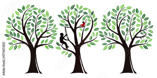 Joyful children playing in lush green trees, swinging and climbing, celebrating outdoor childhood adventures and summer fun with vibrant energy