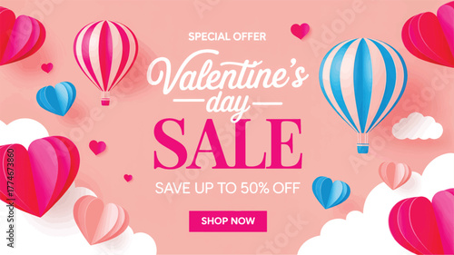Valentine's Day Sale Banner with Hot Air Balloons and Hearts