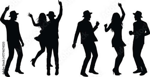 Silhouette people dancing at party celebration, group friends enjoying music, energetic dance movement, nightlife entertainment, festival crowd fun, joyful social gathering, happy club atmosphere
