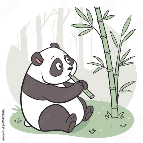Cartoon panda sits in a forest, chewing on a stalk of bamboo. The illustration is likely a stock asset for website use