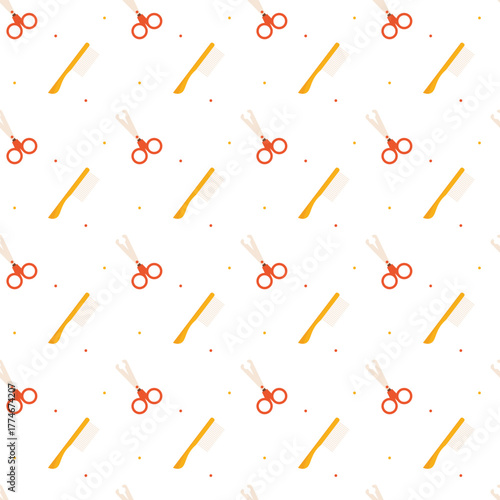 Minimal grooming seamless pattern with scissors, combs, tiny dots for textiles and wrapping
