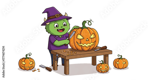 A green cartoon frog in a purple witch hat carves a jack-o-lantern on a wooden table with other pumpkins around, on a white background with a playful and spooky mood.