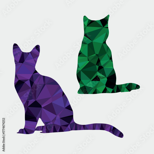 Abstract low-poly geometric cats vector illustration. Modern polygon animal graphic design. Stylized purple and green felines