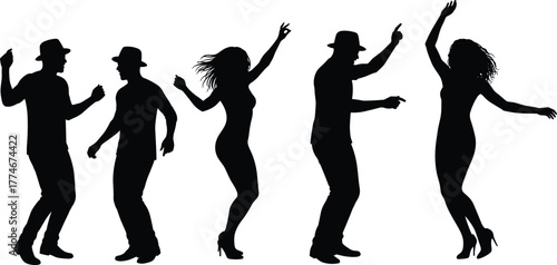 Silhouette dancers performing energetic moves, stylish men and women in hats and heels, group dance celebration, music party rhythm, nightlife entertainment performance illustration
