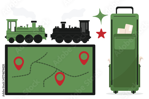 Retro railway set with black steam locomotive green locomotive suitcase and map for museums, fairs