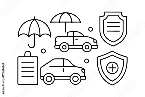 Car insurance icons with umbrella, shield, and document symbols on white background