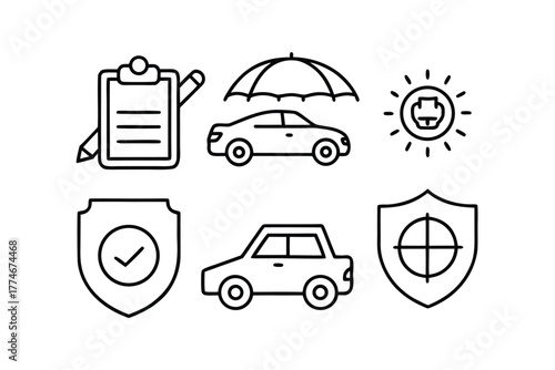 Car insurance icons including clipboard, umbrella, sun, and shield symbols automobile