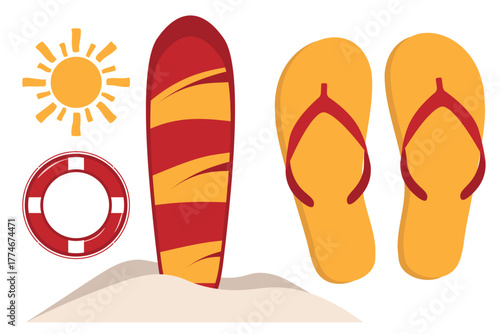 Active beach set with surf board in sand flip flops sun and lifebuoy for surf schools and safety posters