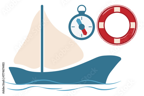 Water safety set with lifebuoy boat and compass for municipal posters and club instructions