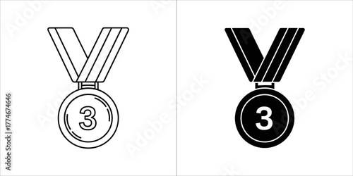 Third place medal, vector illustration in black and white