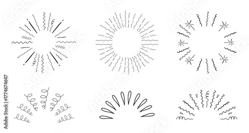 Radial firework burst line set confetti and lines hand drawn doodle. Sunbeam, party decoration, comic minimal spark. Explosion with Radial stripes