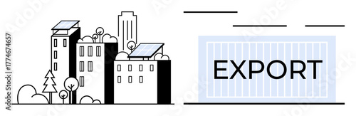 Urban buildings with rooftop solar panels and export container signify renewable energy use. Ideal for sustainability, energy, green technology, urban planning, trade, eco-business, innovation