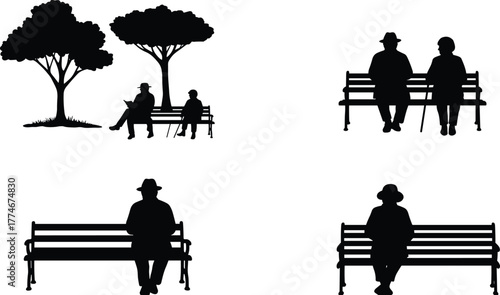 Silhouette people sitting on park benches, relaxing outdoors, urban lifestyle, leisure activity, social interaction, solitude,