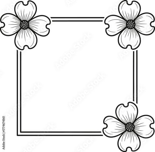 Elegant square floral frame with hand drawn dogwood blossoms in a simple sketch style